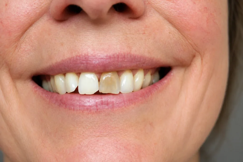 Close-up of a discoloured front tooth showing uneven yellow and brown staining (teeth yellow)