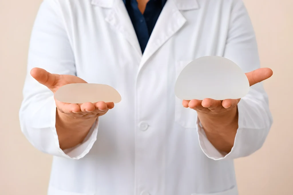 Doctor holding two breast implants of different sizes to compare implant volume and shape.