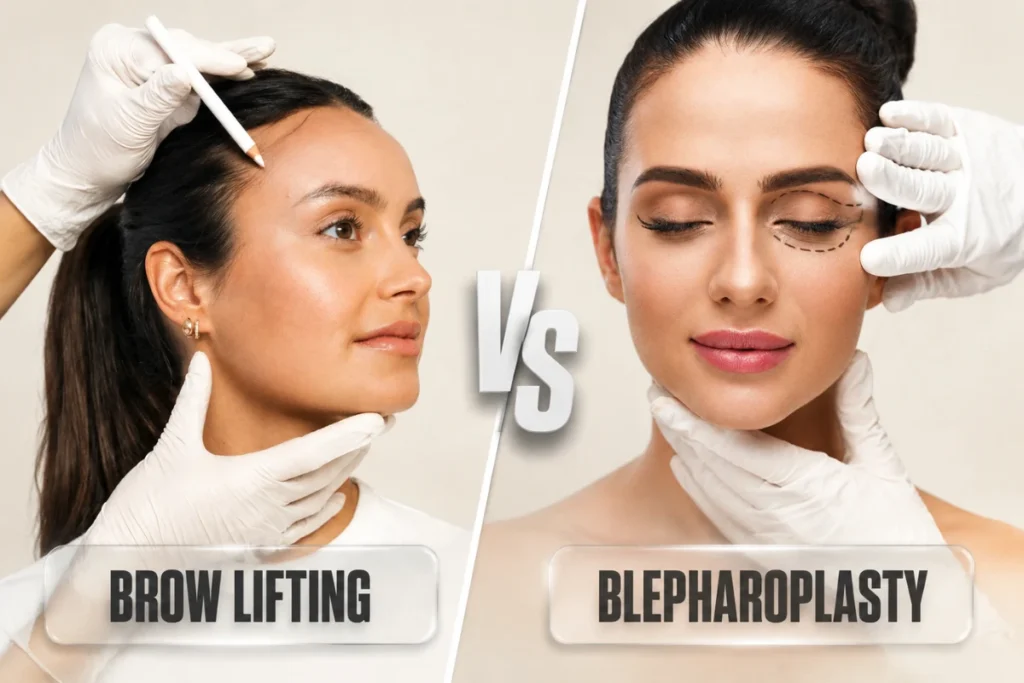 Brow lift vs blepharoplasty comparison showing different facial rejuvenation procedures