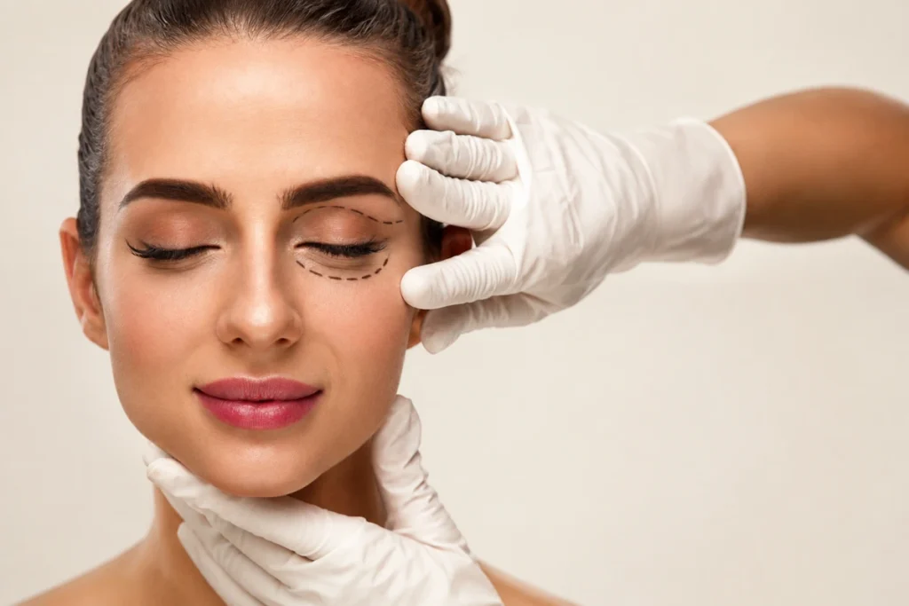 Woman undergoing an eyelid assessment before blepharoplasty