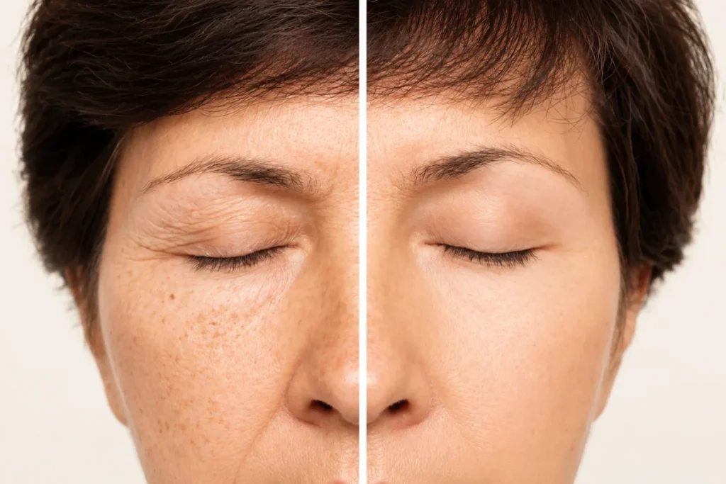 Before and after facial rejuvenation showing changes in skin appearance