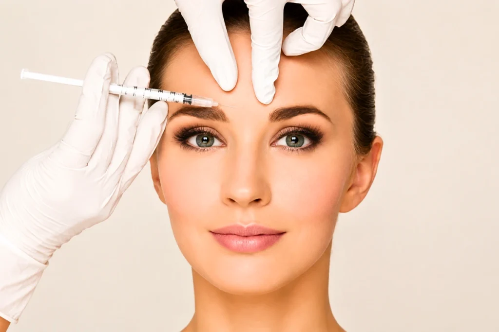 Woman receiving a forehead cosmetic treatment for facial rejuvenation