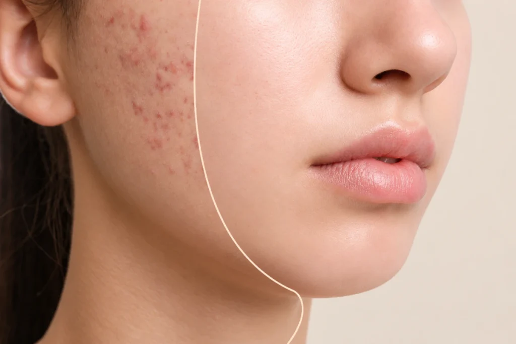 Acne scar treatment before and after comparison on facial skin
