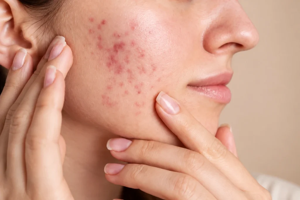 Acne scars and blemishes visible on a woman’s cheek