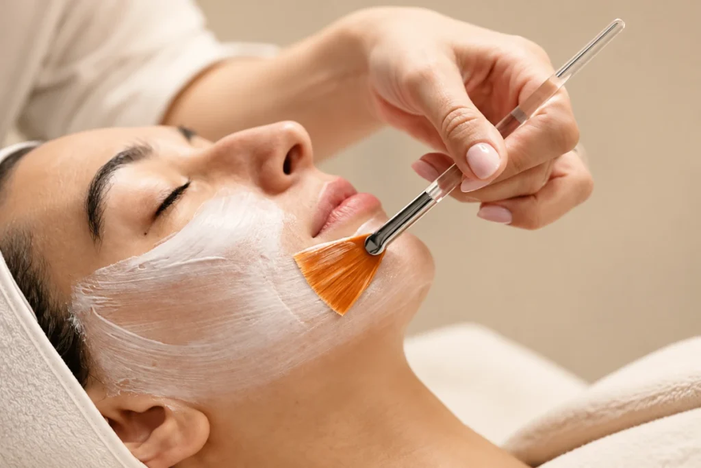 Chemical peel treatment for acne scars on a woman’s face