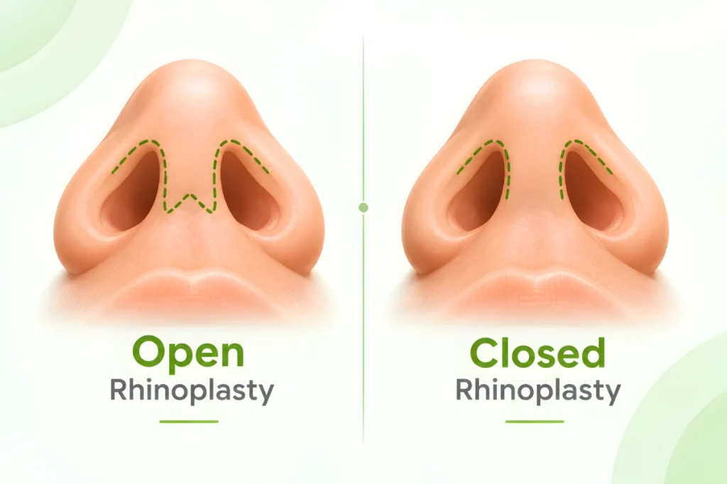 Illustration showing incision sites used in open and closed rhinoplasty