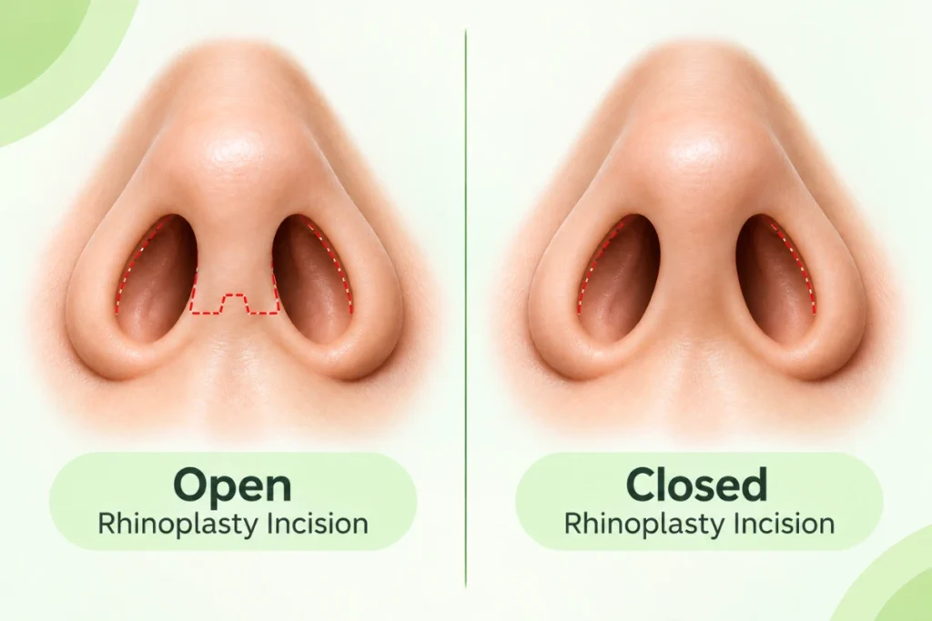 Open vs closed rhinoplasty showing the difference between external and internal nasal incisions