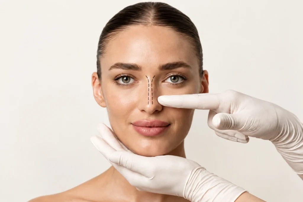 Specialist examining a patient's nose during a rhinoplasty assessment