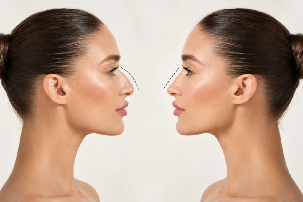 Side profile comparison showing different nasal reshaping results