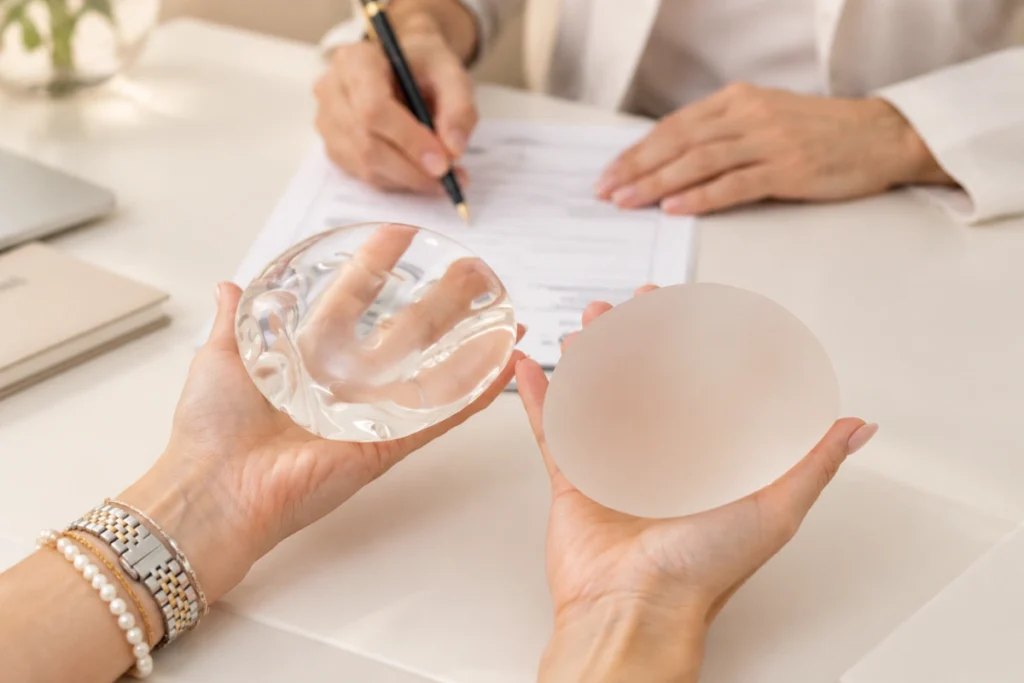 Silicone vs saline breast implants comparison during consultation