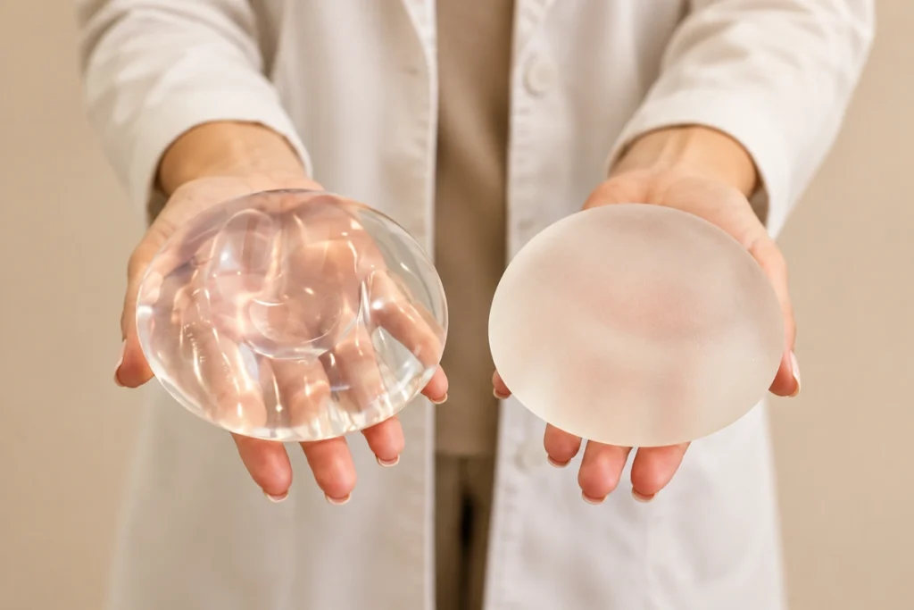 Silicone and saline breast implants compared side by side