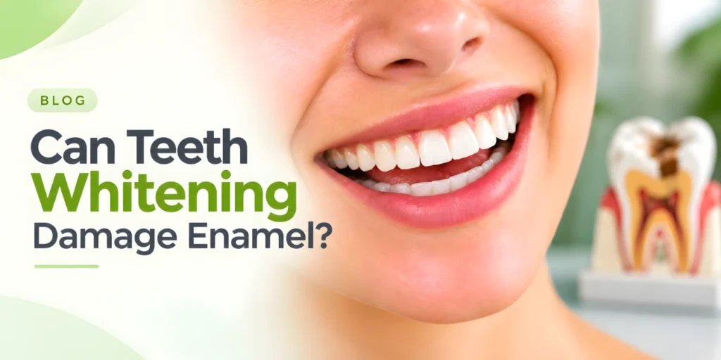 Smiling woman with white teeth and a tooth cross-section illustrating the effects of teeth whitening on enamel.