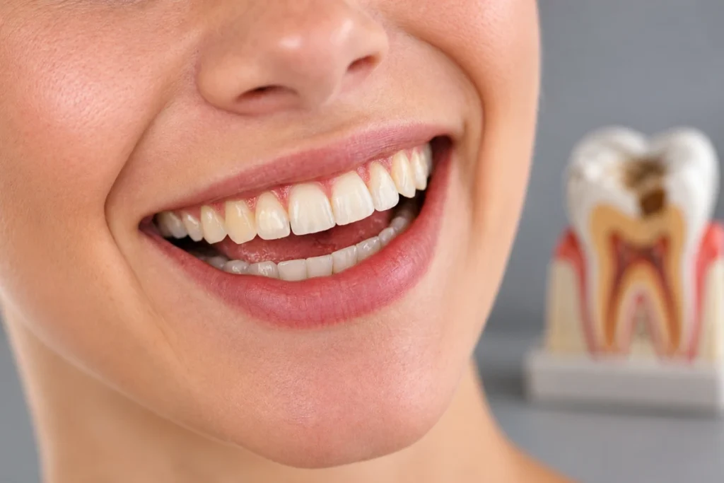 Close-up of a woman's smile showing natural tooth enamel and a dental tooth model in the background