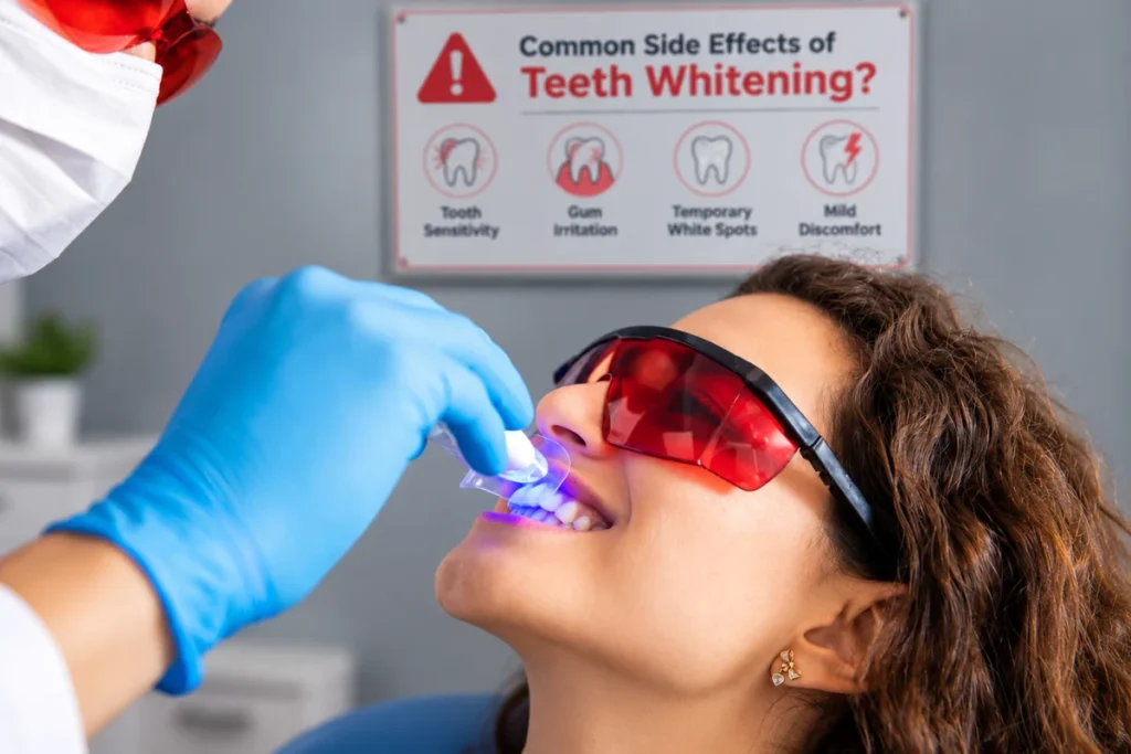 Woman receiving teeth whitening treatment with protective eyewear, illustrating potential side effects of whitening